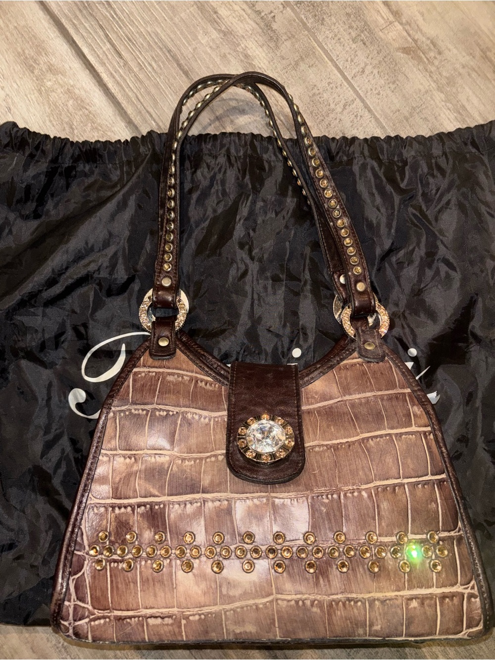 Raviani Brown Croc-Embossed Shoulder Bag with Crystal Accent